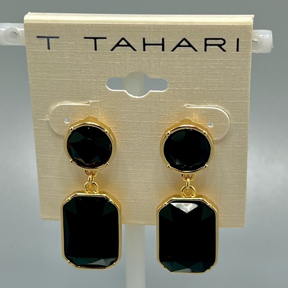 T. Tahari Black Glass & Gold Tone Drop Earrings. NWT - Picture 1 of 5